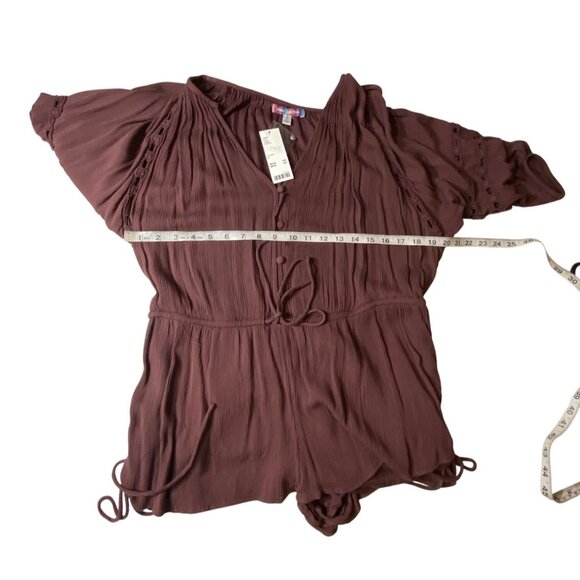 Urban Outfitters Brown Romper S V-Neck Button-Front Lace Sleeve Tie Waist 100% V - Picture 6 of 12